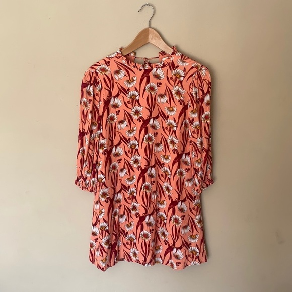 FOREVER 21 Coral Floral Print High Neck Long Sleeve Mini Dress Size Small - Picture 2 of 13
